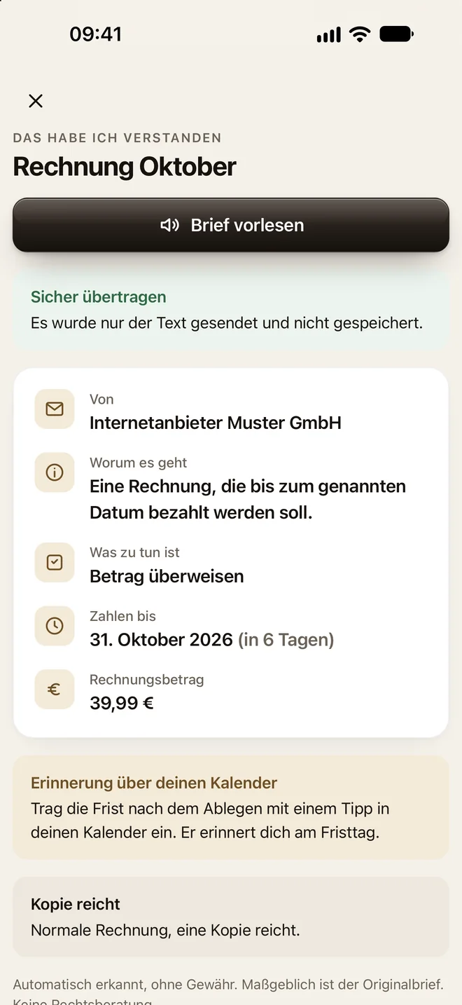 Letterbe zeigt zu einer Rechnung: Absender, worum es geht, was zu tun ist, Zahlungsfrist, Betrag und Kundennummer.