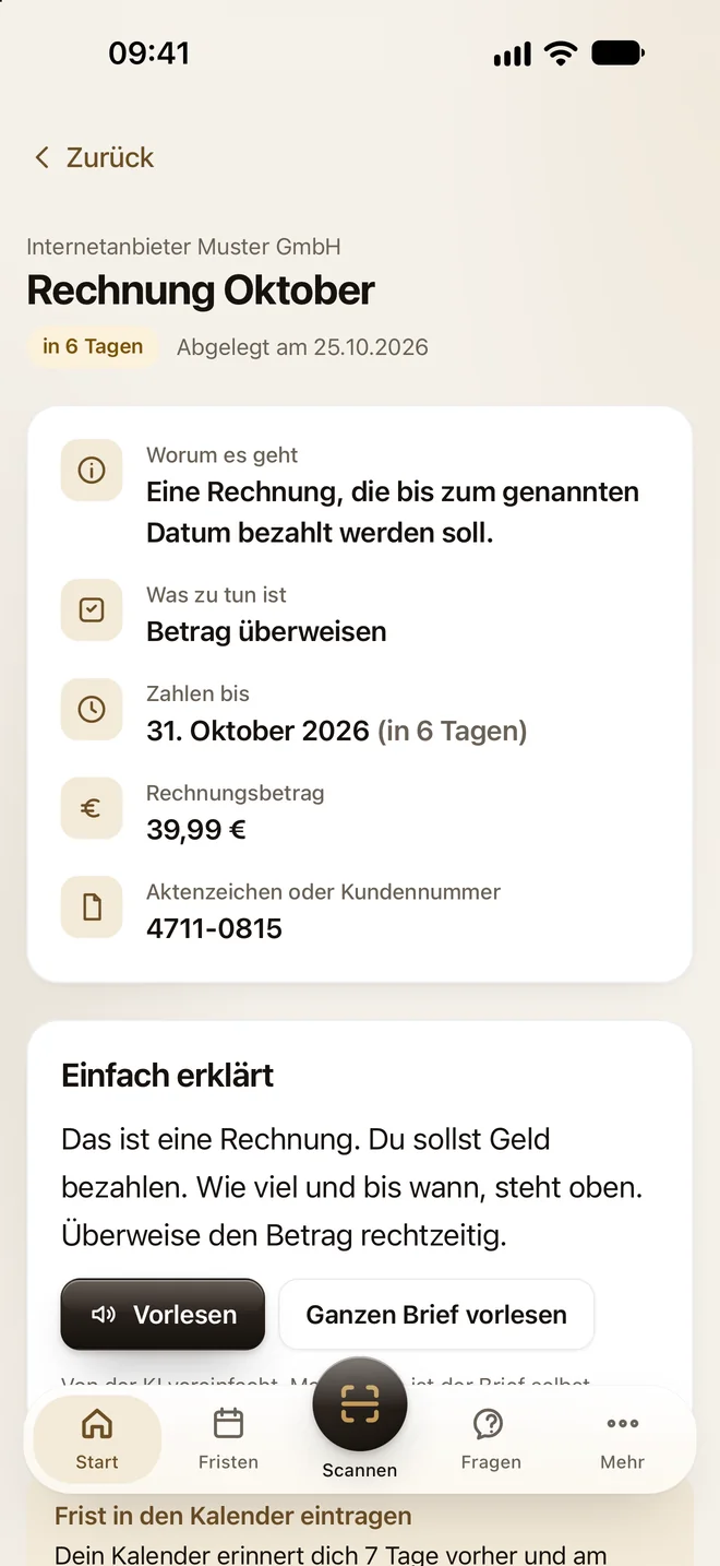 Ein Brief mit dem Abschnitt „Einfach erklärt“ in kurzen, einfachen Sätzen und den Knöpfen „Vorlesen“ und „Ganzen Brief vorlesen“.