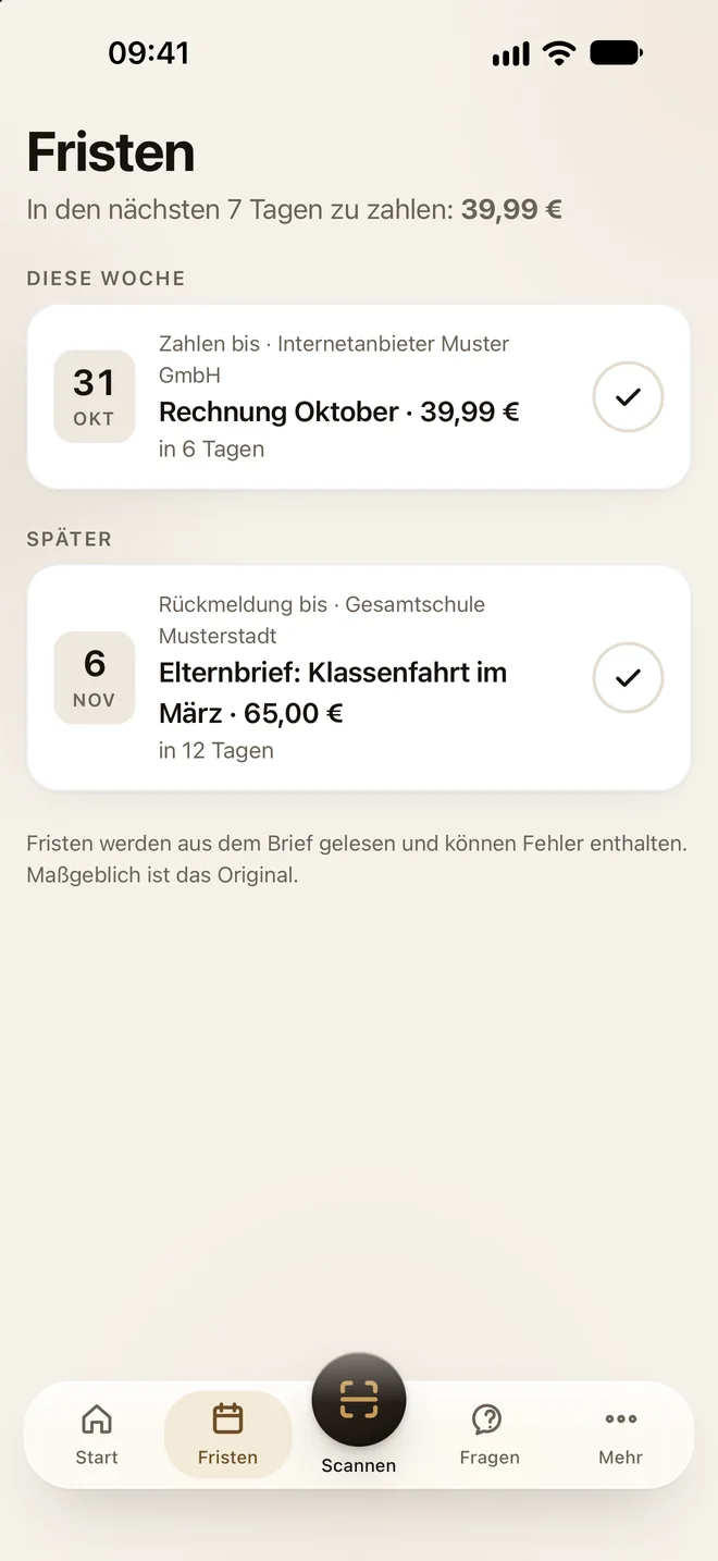 Die Fristenübersicht: diese Woche eine Rechnung über 39,99 Euro bis 31. Oktober, später eine Rückmeldung an die Schule bis 6. November.