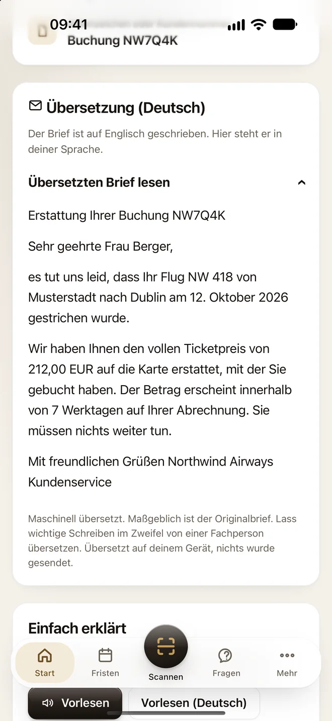 Ein englischer Brief einer Fluggesellschaft, darunter die deutsche Übersetzung mit dem Hinweis, dass der Originalbrief maßgeblich ist.